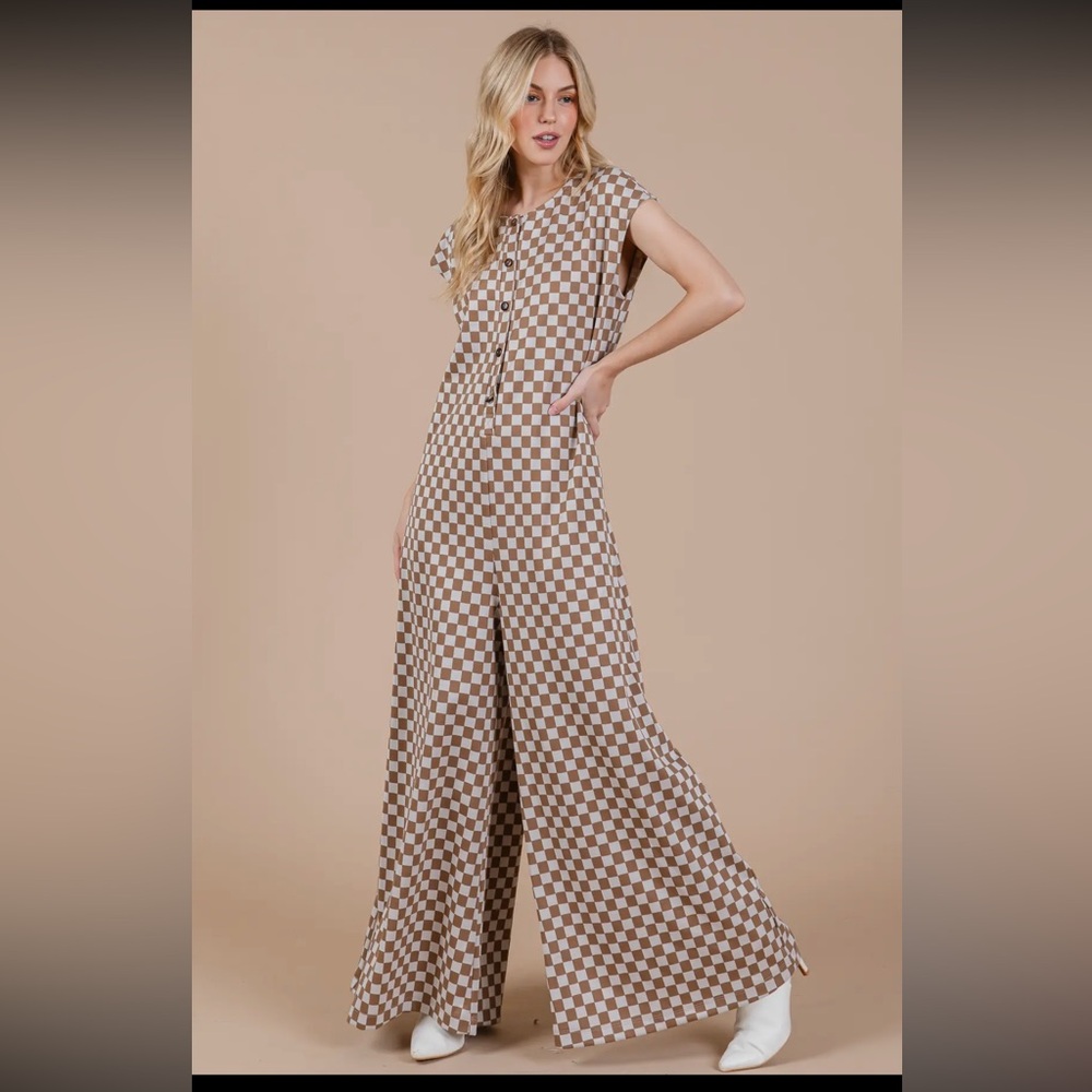 ShopEvelynne Brown and Cream Checkerboard Jumpsuit